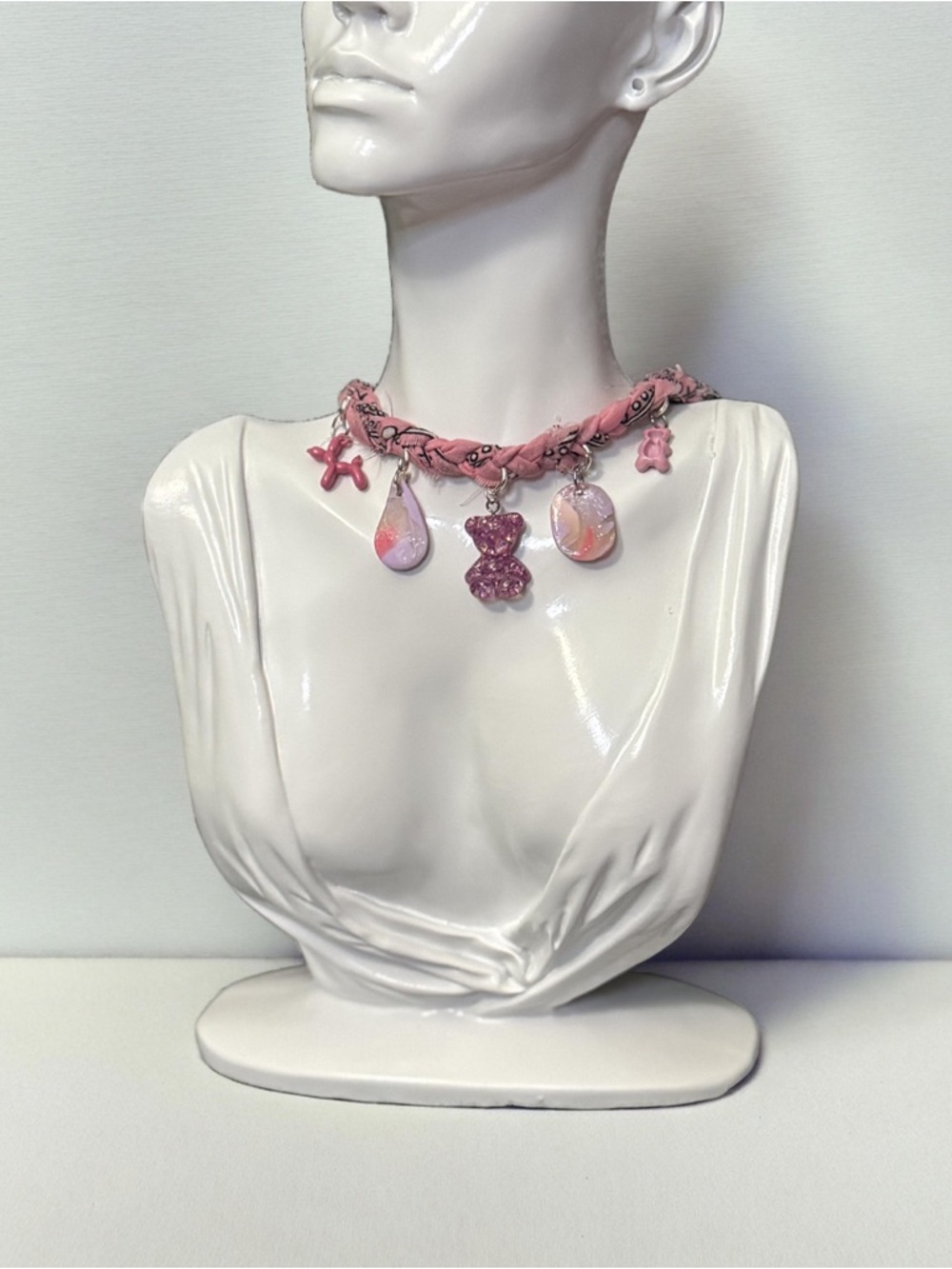 Handmade! Pink Charm Bandana Necklace with Gummy Bear and Clay Charms